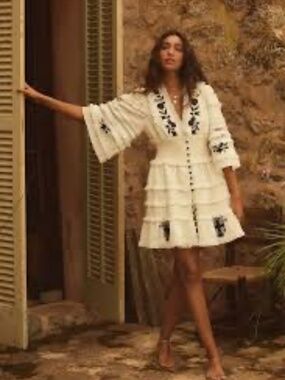 Anthropologie Embroidered Cotton Lightweight Ruffled Mini Dress White Black L